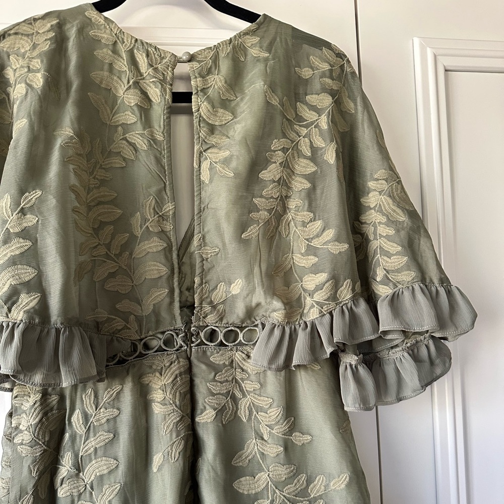 Saints + Secrets Embroidered Ruffle Mini Dress Sage Green, Size M - Picture 10 of 11